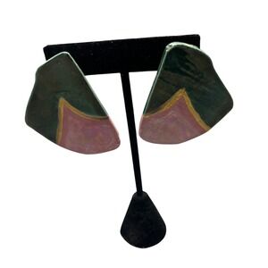 Vintage‎ 80's Green Pink gold Large Abstract Clay Earrings Handmade Statement
